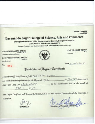 Bsc Provisional Degree Certificate