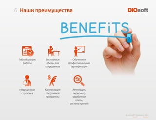 6
© DIO-SOFT COMPANY. 2015
Наши преимущества
Гибкий график
работы
Медицинская
страховка
Компенсация
спортивной
программы
Аттестация,
пересмотр
заработной
платы,
система премий
Бесплатные
обеды для
сотрудников
Обучение и
профессиональная
сертификация
 