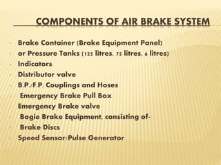 COMPONENTS OF AIR BRAKE SYSTEM
• Brake Container (Brake Equipment Panel)
• or Pressure Tanks (125 litres, 75 litres, 6 litres)
• Indicators
• Distributor valve
• B.P./F.P. Couplings and Hoses
• Emergency Brake Pull Box
• Emergency Brake valve
• Bogie Brake Equipment, consisting of-
• Brake Discs
• Speed Sensor/Pulse Generator
 