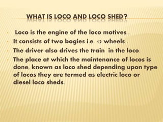 WHAT IS LOCO AND LOCO SHED?
• Loco is the engine of the loco motives .
• It consists of two bogies i.e. 12 wheels .
• The driver also drives the train in the loco.
• The place at which the maintenance of locos is
done, known as loco shed depending upon type
of locos they are termed as electric loco or
diesel loco sheds.
 