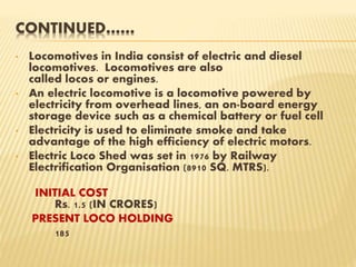 CONTINUED……
• Locomotives in India consist of electric and diesel
locomotives. Locomotives are also
called locos or engines.
• An electric locomotive is a locomotive powered by
electricity from overhead lines, an on-board energy
storage device such as a chemical battery or fuel cell
• Electricity is used to eliminate smoke and take
advantage of the high efficiency of electric motors.
• Electric Loco Shed was set in 1976 by Railway
Electrification Organisation (8910 SQ. MTRS).
INITIAL COST
Rs. 1.5 (IN CRORES)
PRESENT LOCO HOLDING
185
 