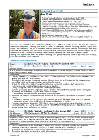 Curriculum Vitae GaryWhyte – Page 1
LogisticsSupervisor
Gary Whyte
 Technical Institute Graduate, Frankston Institute of TAFE (1969)
 Plumbing Industry Practitioner, Victorian Building Authority (1972)
 Certified Water TreatmentPlant Operator, Qld TAFE (1982)
 Restricted Electrical Licence, Frankston Institute of TAFE (1993)
 Contract’s Supervisor & Inspector, Contract Control International (2009)
 Certificate lV in Safety Leadership (OHS) Construction,John Holland Group,(2010)
 Internal Quality Auditor Certification, John Holland (2011)
 Health Training HLT07 Workplace Drug Testing Medvet Laboratories (2011)
 Lead Auditor of Quality ManagementSystems to AS/NZ ISO 9001-2008,SAI
Global (2012)
 ARTC Track Safety Awareness (2014)
 NSW Roads & Maritime Services, Bridgework Concreting B80,RMS (2014)
Gary has been involved in the construction industry since 1964 in a variety of roles. He also has extensive
international experience, totalling more than 16 years in developing countries including Vietnam, Papua New
Guinea, and Indonesia. Gary is an energetic and well-organised team player, working collaboratively with other
disciplines and is familiar with the on-site dynamics of large infrastructure and structural building projects. He has
significant concrete construction experience having recently completed the Cotter Dam Project in Canberra.
Drawing upon specification, QMP and technical drawing skills gained over many years in the construction industry,
Gary actively mentors young Engineers. .
TrackRecord &RelevantExperience:
Company: Australian Precast Solutions – Macksville Precast Yard, NSW
Role: Logistics Coordinator (Lendlease) Duration: Oct 15 – Present
Description of Project:
APS is a division of Lendlease, specialising in the manufacture of precast elements, including Super-Ts, planks,
arches, headstocks and panels.
Responsibilities:
 Logistics supervision for transportation and delivery of bridge girders and other bridge pre cast components to
various sites along the Pacific Highway;
 Consultation with transport companies to ensure deliveries are in line and in place with the lifting/placement
plans of the client, oversize permits along with police/pilot escorts;
 Ensure that all deliveries, loading/transporting/unloading comply with Lendlease CoR requirements;
 Implementing and controlling logistics scheduling and reporting;
 Closely liaising with clients to ensure client satisfaction is achieved;
 Currently supervising deliveries of pre-cast Super-T Girders, Planks and Parapets to the Oxley Highway to
Kundabung Pacific Highway upgrade project for the16 bridges;
 Coordinating detailed unloading and landing of all components;
 Monitoring the quality of materials to ensure compliance with design and specifications to ensure successful
casting:
 Works and materials include concreting, reinforcement placement, formwork set-up, checking, concrete
placement, striping, curing and finishing for the successful casting of products;
 Providing consultations with visiting RMS (Client) inspectors to ensure satisfaction and verification of quality of
construction at the pre-casting stage that comply to NSW RMS B80 Bridge Construction Specifications; and
 Managing daily diaries and weekly site meetings.
Project: Pacific Hwy Upgrade – Nambucca Heads to Urunga, NSW Value: $522m
Role & Company: Quality Improvement Officer (Lendlease) Duration: Jan 14 – Oct 15
Description of Project:
Design and construction of 22km of four-lanes of dual-carriageway including a northern bypass around Urunga on
a new alignment and a five-span twin-bridge over the Kalang River. Our scope also involves 3,500,000m3 of
earthworks, 36 bridges, dedicated fauna crossings and 210,000m3 of concrete pavement.
Responsibilities:
 Carrying out surveillance and inspections for all structures, bridges, transverse drainage, RCP drainage,
headwalls, box culverts, pavements, proof roll of fill layers subgrade works including HP sign off;
 Undertaking lot / product and external supplier audits both internal and external; and
 Completing daily diaries and attending weekly site meetings.
 