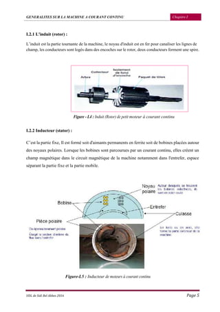 GENERALITES SUR LA MACHINE A COURANT CONTINU Chapitre I
UDL de Sidi Bel Abbes 2016 Page 5
I.2.1 L'induit (rotor) :
L’induit est la partie tournante de la machine, le noyau d'induit est en fer pour canaliser les lignes de
champ, les conducteurs sont logés dans des encoches sur le rotor, deux conducteurs forment une spire.
Figure - I.4 : Induit (Rotor) de petit moteur à courant continu
I.2.2 Inducteur (stator) :
C’est la partie fixe, Il est formé soit d'aimants permanents en ferrite soit de bobines placées autour
des noyaux polaires. Lorsque les bobines sont parcourues par un courant continu, elles créent un
champ magnétique dans le circuit magnétique de la machine notamment dans l'entrefer, espace
séparant la partie fixe et la partie mobile.
Figure-I.5 : Inducteur de moteurs à courant continu
 