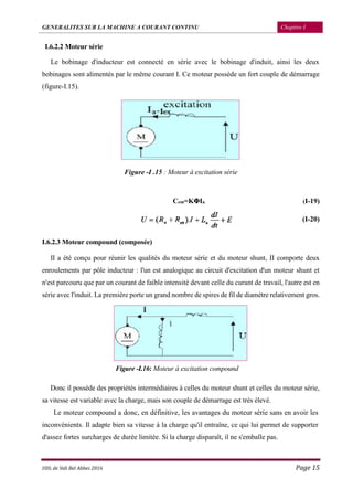 GENERALITES SUR LA MACHINE A COURANT CONTINU Chapitre I
UDL de Sidi Bel Abbes 2016 Page 15
I.6.2.2 Moteur série
Le bobinage d'inducteur est connecté en série avec le bobinage d'induit, ainsi les deux
bobinages sont alimentés par le même courant I. Ce moteur possède un fort couple de démarrage
(figure-I.15).
Figure -I .15 : Moteur à excitation série
Cem=KΦIa (I-19)
(I-20)
I.6.2.3 Moteur compound (composée)
II a été conçu pour réunir les qualités du moteur série et du moteur shunt, II comporte deux
enroulements par pôle inducteur : l'un est analogique au circuit d'excitation d'un moteur shunt et
n'est parcouru que par un courant de faible intensité devant celle du curant de travail, l'autre est en
série avec l'induit. La première porte un grand nombre de spires de fil de diamètre relativement gros.
Figure -I.16: Moteur à excitation compound
Donc il possède des propriétés intermédiaires à celles du moteur shunt et celles du moteur série,
sa vitesse est variable avec la charge, mais son couple de démarrage est très élevé.
Le moteur compound a donc, en définitive, les avantages du moteur série sans en avoir les
inconvénients. Il adapte bien sa vitesse à la charge qu'il entraîne, ce qui lui permet de supporter
d'assez fortes surcharges de durée limitée. Si la charge disparaît, il ne s'emballe pas.
 