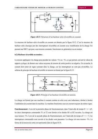 VARIATEUR DE VITESSE DU MOTEUR A COURANT CONTINU Chapitre II
UDL de Sidi Bel Abbes 2016 Page 26
Figure-II.12:Structure d’un hacheur série réversible en courant.
La structure du hacheur série réversible en courant est donnée par la figure II.12. C’est la structure du
hacheur série classique par des interrupteurs réversibles en courant avec modification de la charge. En
prenant une MCC qui peut, sous tension constante, fonctionner en génératrice ou en moteur.
b.2) Hacheur réversible en tension :
La tension appliquée à la charge peut prendre les valeurs +Vs ou −Vs, ce qui permet, suivant la valeur du
rapport cyclique, de donner une valeur moyenne de tension de sortie positive ou négative. En revanche, le
courant doit rester de signe constant dans la charge, car les interrupteurs ne sont pas réversibles. Le
schéma de principe du hacheur réversible en tension est donné par la figure II.13.
Figure-II.13:Principe d’un hacheur réversible en tension.
La charge est formée par une machine à courant continu en série avec une inductance, destiné à limiter
l’ondulation de courant dans la machine. La machine fonctionne sous un courant toujours de même signe.
Fonctionnement : Lors de la première phase de fonctionnement, dans l’intervalle de temps 0 < t < αT,
les deux interrupteurs commandés T1 et T2 sont fermés et les diodes D1 et D2 ouvertes. La charge est
sous tension +Vs. Lors de la seconde phase de fonctionnement, sur l’intervalle de temps αT < t < T, les
interrupteurs commandés sont ouverts et les diodes sont passantes. La charge est sous tension −Vs. La
forme de la tension de sortie est représentée dans la figure II.14.
 