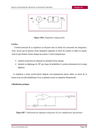 REGULATEUR PID DU MOTEUR A COURANT CONTINU Chapitre III
UDL de Sidi Bel Abbes 2016 Page 40
Figure- III.6 : Régulateur intégrateur(I)
b/Effet
L'intérêt principal de ce régulateur est d'ajouter dans la chaîne de commande une intégration.
Nous savons que la présence d'une intégration augmente la classe du système et réduit ou annule,
selon le type d'entrée, l'erreur statique du système. L'action intégrale pure :
 améliore la précision en réduisant ou annulant l'erreur statique.
 introduit un déphasage de -90° qui risque de déstabiliser le système (diminution de la marge
déphasé).
Le régulateur à action exclusivement intégrale n'est pratiquement jamais utilisé, en raison de sa
lenteur et de son effet déstabilisant. Il est, en général, associé au régulateur Proportionnel.
c/Réalisation pratique
Figure-III.7 : Réalisation du régulateur intégrateur (I) avec amplificateur opérationnel
 