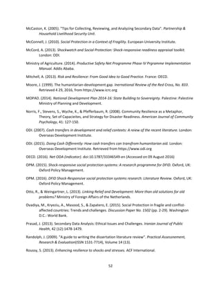 52
McCaston, K. (2005). "Tips for Collecting, Reviewing, and Analyzing Secondary Data". Partnership &
Household Livelihood Security Unit.
McConnell, J. (2010). Social Protection in a Context of Fragility. European University Institute.
McCord, A. (2013). Shockwatch and Social Protection: Shock-responsive readiness appraisal toolkit.
London: ODI.
Ministry of Agriculture. (2014). Productive Safety Net Programme Phase IV Prgramme Implementation
Manual. Addis Ababa.
Mitchell, A. (2013). Risk and Resilience: From Good Idea to Good Practice. France: OECD.
Moore, J. (1999). The humanitarian-development gap. Inernational Review of the Red Cross, No. 833.
Retrieved 4 29, 2016, from https://www.icrc.org
MOPAD. (2014). National Development Plan 2014-16: State Building to Sovereignty. Palestine: Palestine
Ministry of Planning and Development.
Norris, F., Stevens, S., Wyche, K., & Pfefferbaum, R. (2008). Community Resilience as a Metaphor,
Theory, Set of Capacieites, and Strategy for Disaster Readiness. American Journal of Community
Psychology, 41: 127-150.
ODI. (2007). Cash transfers in development and relief contexts: A reiew of the recent literature. London:
Overseas Development Institute.
ODI. (2015). Doing Cash Differently: How cash transfers can transfrom humanitarian aid. London:
Overseas Development Institute. Retrieved from https://www.odi.org
OECD. (2016). Net ODA (indicator). doi:10.1787/33346549-en (Accessed on 09 August 2016)
OPM. (2015). Shock-responsive social protection systems: A research programme for DFID. Oxford, UK:
Oxford Policy Management.
OPM. (2016). DFID Shock-Responsive social protection systems research: Literature Review. Oxford, UK:
Oxford Policy Management.
Otto, R., & Weingartner, L. (2013). Linking Relief and Development: More than old solutions for old
problems? Ministry of Foreign Affairs of the Netherlands.
Ovadiya, M., Kryeziu, A., Masood, S., & Zapatero, E. (2015). Social Protection in fragile and conflist-
affected countries: Trends and challenges. Discussion Paper No. 1502 (pp. 2-29). Washington
D.C.: World Bank.
Prasad, J. (2013). Secondary Data Analysis: Ethical Issues and Challenges. Iranian Journal of Public
Health, 42 (12):1478-1479.
Randolph, J. (2009). "A guide to writing the dissertation literature review". Practical Assessnement,
Research & Evaluation(ISSN 1531-7714), Volume 14 (13).
Roussy, S. (2013). Enhancing resilience to shocks and stresses. ACF International.
 
