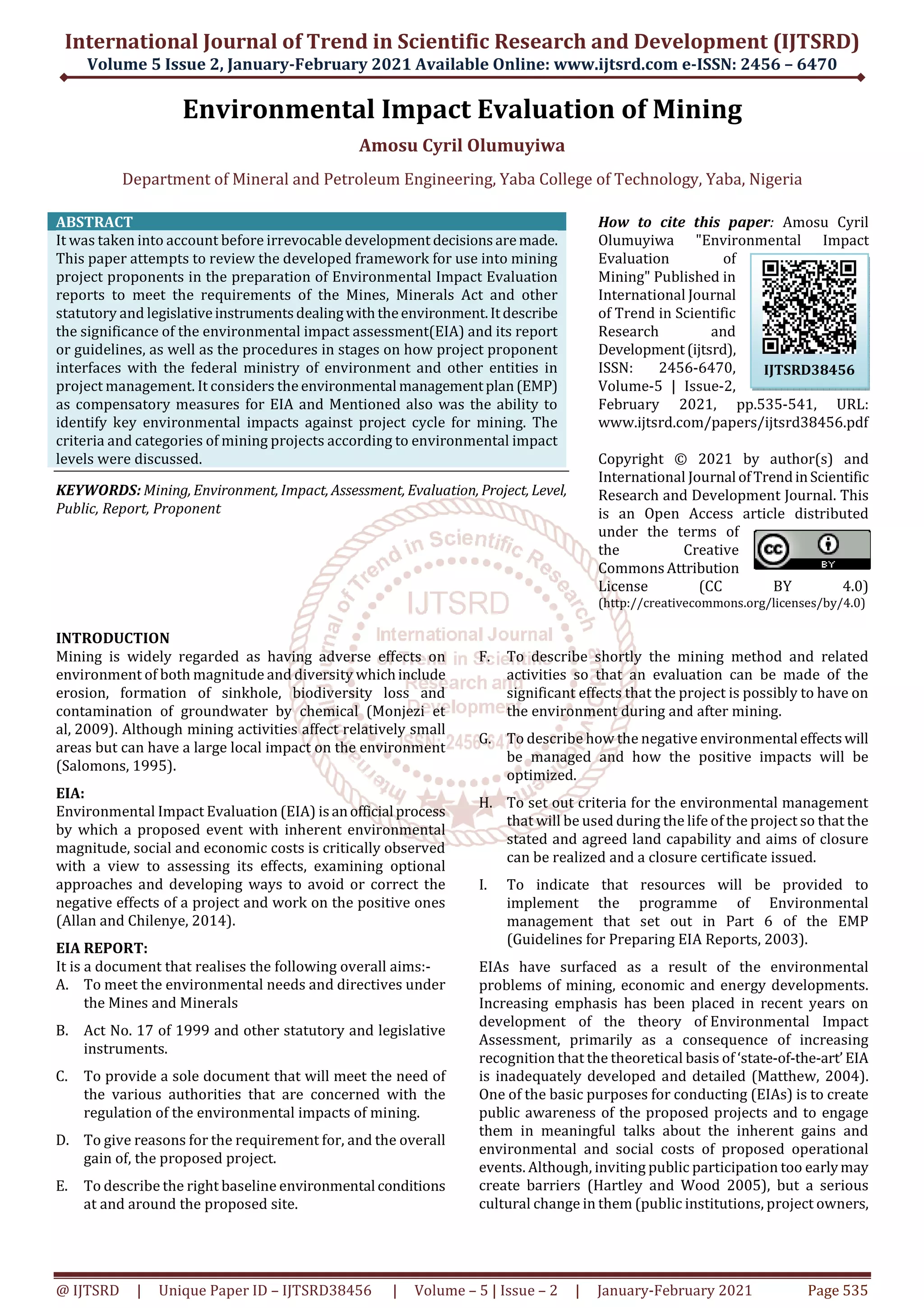 Environmental Impact Evaluation of Mining | PDF