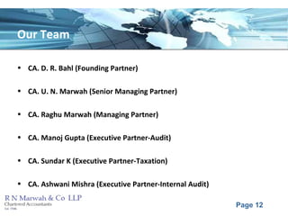 Page 12
Our Team
• CA. D. R. Bahl (Founding Partner)
• CA. U. N. Marwah (Senior Managing Partner)
• CA. Raghu Marwah (Managing Partner)
• CA. Manoj Gupta (Executive Partner-Audit)
• CA. Sundar K (Executive Partner-Taxation)
• CA. Ashwani Mishra (Executive Partner-Internal Audit)
 