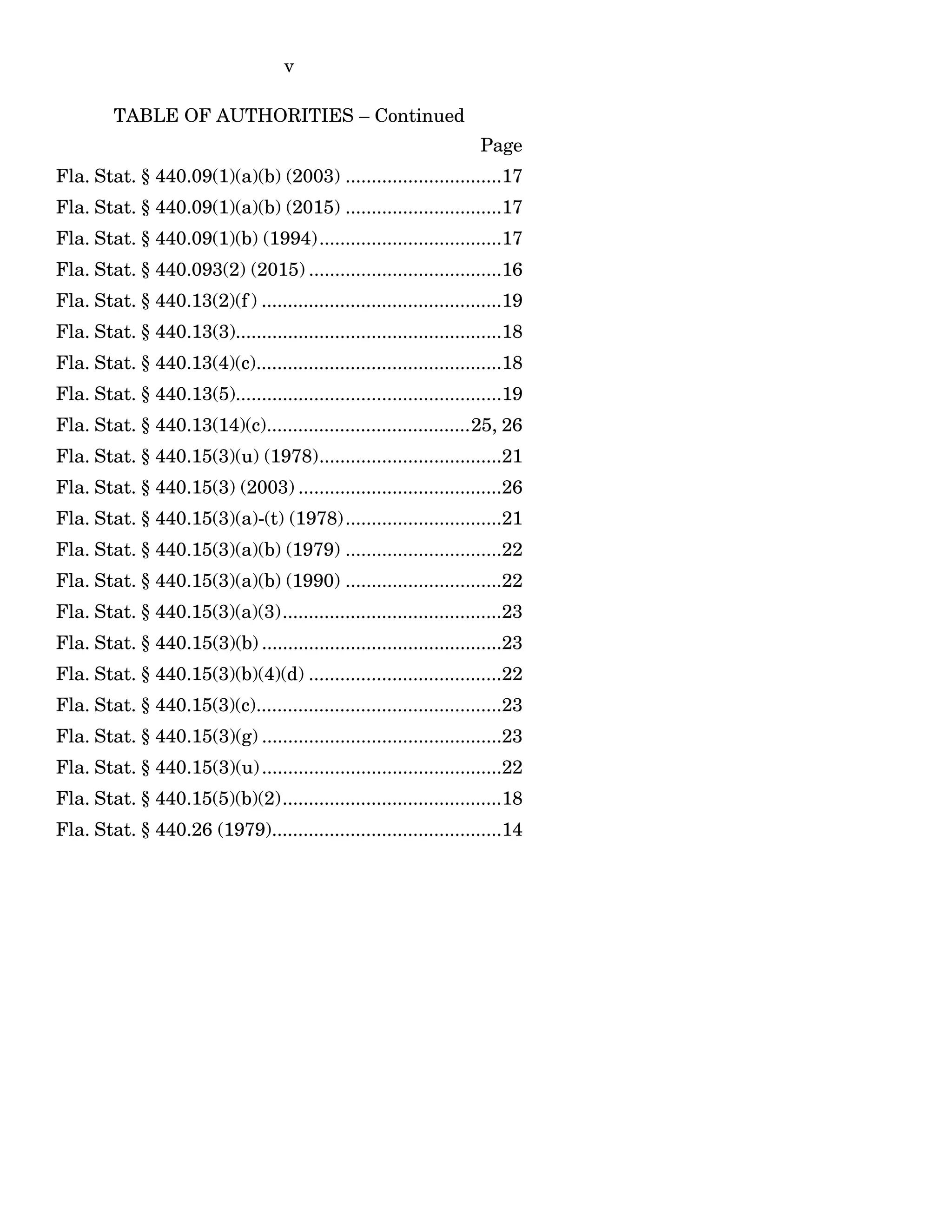 v
TABLE OF AUTHORITIES – Continued
Page
Fla. Stat. § 440.09(1)(a)(b) (2003) ..............................17
Fla. Stat. § 440.09(1)(a)(b) (2015) ..............................17
Fla. Stat. § 440.09(1)(b) (1994)...................................17
Fla. Stat. § 440.093(2) (2015) .....................................16
Fla. Stat. § 440.13(2)(f ) ..............................................19
Fla. Stat. § 440.13(3)...................................................18
Fla. Stat. § 440.13(4)(c)...............................................18
Fla. Stat. § 440.13(5)...................................................19
Fla. Stat. § 440.13(14)(c).......................................25, 26
Fla. Stat. § 440.15(3)(u) (1978)...................................21
Fla. Stat. § 440.15(3) (2003) .......................................26
Fla. Stat. § 440.15(3)(a)-(t) (1978)..............................21
Fla. Stat. § 440.15(3)(a)(b) (1979) ..............................22
Fla. Stat. § 440.15(3)(a)(b) (1990) ..............................22
Fla. Stat. § 440.15(3)(a)(3)..........................................23
Fla. Stat. § 440.15(3)(b) ..............................................23
Fla. Stat. § 440.15(3)(b)(4)(d) .....................................22
Fla. Stat. § 440.15(3)(c)...............................................23
Fla. Stat. § 440.15(3)(g) ..............................................23
Fla. Stat. § 440.15(3)(u)..............................................22
Fla. Stat. § 440.15(5)(b)(2)..........................................18
Fla. Stat. § 440.26 (1979)............................................14
 