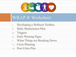 I. Developing a Wellness Toolbox
II. Daily Maintenance Plan
III. Triggers
IV. Early Warning Signs
V. When Things are Breaking Down
VI. Crisis Planning
VII. Post Crisis Plan
WRAP ® Worksheet
 