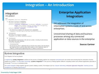 Integration – An Introduction
EAI addresses the integration of
information systems inside of and across
enterprises.
Unrestricted sharing of data and business
processes among any connected
application or data sources in the enterprise
Source: Gartner
Enterprise Application
Integration:
Presented by: Pradip Nagpal / BPM
1
 