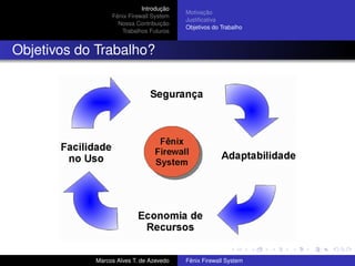 Introdução
Fênix Firewall System
Nossa Contribuição
Trabalhos Futuros
Motivação
Justiﬁcativa
Objetivos do Trabalho
Objetivos do Trabalho?
Marcos Alves T. de Azevedo Fênix Firewall System
 