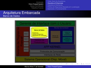 Introdução
Fênix Firewall System
Nossa Contribuição
Trabalhos Futuros
Visão Geral da Arquitetura
Arquitetura Embarcada
Arquitetura Distribuída
Política de Segurança Baseada em Localização
Ilustrando o Funcionamento
Arquitetura Embarcada
Banco de Dados
Marcos Alves T. de Azevedo Fênix Firewall System
 