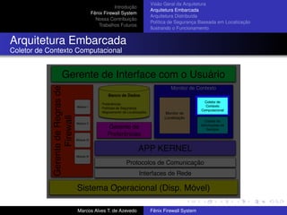 Introdução
Fênix Firewall System
Nossa Contribuição
Trabalhos Futuros
Visão Geral da Arquitetura
Arquitetura Embarcada
Arquitetura Distribuída
Política de Segurança Baseada em Localização
Ilustrando o Funcionamento
Arquitetura Embarcada
Coletor de Contexto Computacional
Marcos Alves T. de Azevedo Fênix Firewall System
 