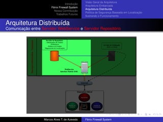 Introdução
Fênix Firewall System
Nossa Contribuição
Trabalhos Futuros
Visão Geral da Arquitetura
Arquitetura Embarcada
Arquitetura Distribuída
Política de Segurança Baseada em Localização
Ilustrando o Funcionamento
Arquitetura Distribuída
Comunicação entre Servidor WebService e Servidor Repositório
Marcos Alves T. de Azevedo Fênix Firewall System
 