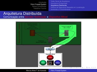 Introdução
Fênix Firewall System
Nossa Contribuição
Trabalhos Futuros
Visão Geral da Arquitetura
Arquitetura Embarcada
Arquitetura Distribuída
Política de Segurança Baseada em Localização
Ilustrando o Funcionamento
Arquitetura Distribuída
Comunicação entre Servidor Notiﬁcação e Dispositivo Móvel
Marcos Alves T. de Azevedo Fênix Firewall System
 