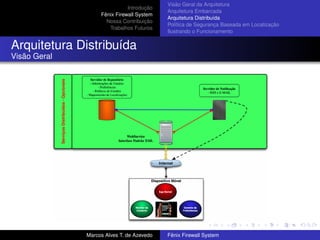 Introdução
Fênix Firewall System
Nossa Contribuição
Trabalhos Futuros
Visão Geral da Arquitetura
Arquitetura Embarcada
Arquitetura Distribuída
Política de Segurança Baseada em Localização
Ilustrando o Funcionamento
Arquitetura Distribuída
Visão Geral
Marcos Alves T. de Azevedo Fênix Firewall System
 