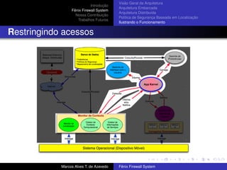 Introdução
Fênix Firewall System
Nossa Contribuição
Trabalhos Futuros
Visão Geral da Arquitetura
Arquitetura Embarcada
Arquitetura Distribuída
Política de Segurança Baseada em Localização
Ilustrando o Funcionamento
Restringindo acessos
Marcos Alves T. de Azevedo Fênix Firewall System
 
