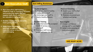  Non-executive staff training
initiatives help in changing mindsets
and producing highly efficient
support staff which can
be valuable in the long run
 Enables employees to become
more goal-oriented
 Helps boost the morale
amongst employees and fosters
a greater sense of loyalty
and belonging
Non Executive Staff7.
AND MANY MORE
Health & Hygiene
 Inculcate clean & healthy
habits among staff
 Encourage your staff to
lead a healthy lifestyle
Personal Grooming
 Enable your staff to feel
and look good
 Promote emotional and
physical well being
Chauffer Training
 Instill internationally accepted
levels of service in
your staff
 Help your staff interact
better with your clients
Basic English
 Greater confidence
among staff to use English
 Better understanding of
instructions given
Best Selling Workshops
 