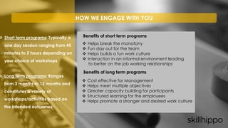 Short term programs: Typically a
one day session ranging from 45
minutes to 5 hours depending on
your choice of workshops
 Long term programs: Ranges
from 3 months to 12 months and
constitutes a variety of
workshops/activities based on
the intended outcomes
 Cost effective for Management
 Helps meet multiple objectives
 Greater capacity building for participants
 Structured learning for the employees
 Helps promote a stronger and desired work culture
 Helps break the monotony
 Fun day out for the team
 Helps builds a fun work culture
 Interaction in an informal environment leading
to better on the job working relationships
Benefits of short term programs
Benefits of long term programs
HOW WE ENGAGE WITH YOU
 