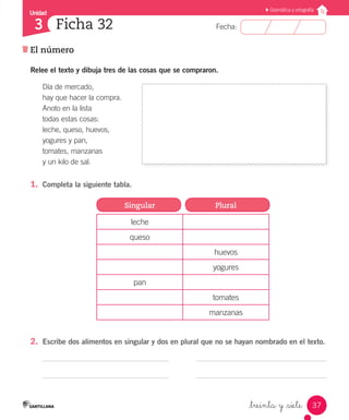 Unidad
Fecha:
37
3
Gramática y ortografía
Ficha 32
El número
_treinta y _siete
Relee el texto y dibuja tres de las cosas que se compraron.
Día de mercado,
hay que hacer la compra.
Anoto en la lista
todas estas cosas:
leche, queso, huevos,
yogures y pan,
tomates, manzanas
y un kilo de sal.
1.	 Completa la siguiente tabla.
2.	 Escribe dos alimentos en singular y dos en plural que no se hayan nombrado en el texto.
Singular Plural
leche
queso
huevos
yogures
pan
tomates
manzanas
 