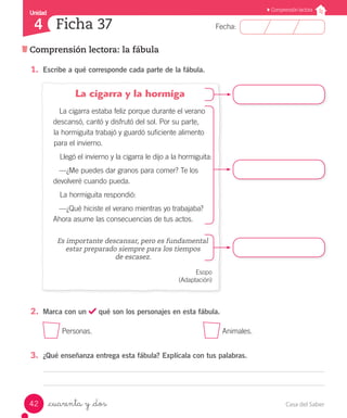 Casa del Saber42
Fecha:
Unidad
4
Comprensión lectora
Comprensión lectora: la fábula
Ficha 37
_cuarenta y _dos
2.	 Marca con un qué son los personajes en esta fábula.
Personas.						 Animales.
3.	 ¿Qué enseñanza entrega esta fábula? Explícala con tus palabras.
1.	 Escribe a qué corresponde cada parte de la fábula.
La cigarra y la hormiga
La cigarra estaba feliz porque durante el verano
descansó, cantó y disfrutó del sol. Por su parte,
la hormiguita trabajó y guardó suficiente alimento
para el invierno.
Llegó el invierno y la cigarra le dijo a la hormiguita:
—¿Me puedes dar granos para comer? Te los
devolveré cuando pueda.
La hormiguita respondió:
—¿Qué hiciste el verano mientras yo trabajaba?
Ahora asume las consecuencias de tus actos.
Es importante descansar, pero es fundamental
estar preparado siempre para los tiempos
de escasez.
Esopo
(Adaptación)
 