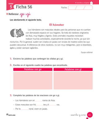 Unidad
Fecha:
61
5
Gramática y ortografía
Ficha 56
Reforzarg _ge -_gi
_sesenta y _uno
Lee atentamente el siguiente texto.
		 El hámster
Los hámsteres son mascotas ideales para las personas que no cuentan
con demasiado espacio en sus hogares. Se trata de roedores originarios
de Asia, muy frágiles y ligeros. Estos animales inquietos necesitan
realizar muchas actividades, especialmente durante la noche, ya que son
nocturnos. Por lo general, suelen ser criados en jaulas con virutas de madera sobre las que
pueden descansar. A diferencia de otros roedores, no son muy inteligentes, pero sí divertidos,
ágiles y están siempre vigilantes.
Equipo editorial
1.	 Encierra las palabras que contengan las sílabas ge y gi.
2.	 Escribe en el siguiente cuadro las palabras que encontraste.
Palabras con ge Palabras con gi
3.	 Completa las palabras de las oraciones con ge o gi.
–– Los hámsteres son ori narios de Asia.
–– Estas mascotas son frá les y li ras.
–– Por lo neral, viven en jaulas.
 