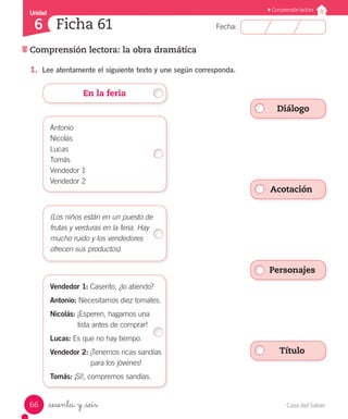 Casa del Saber66
Fecha:
Unidad
6
Comprensión lectora
Comprensión lectora: la obra dramática
Ficha 61
_sesenta y _seis
1.	 Lee atentamente el siguiente texto y une según corresponda.
Diálogo
Acotación
Personajes
Título
(Los niños están en un puesto de
frutas y verduras en la feria. Hay
mucho ruido y los vendedores
ofrecen sus productos).
Vendedor 1: Caserito, ¿lo atiendo?
Antonio: Necesitamos diez tomates.
Nicolás: ¡Esperen, hagamos una
	 lista antes de comprar!
Lucas: Es que no hay tiempo.
Vendedor 2: ¡Tenemos ricas sandías 	
	 para los jóvenes!
Tomás: ¡Sí!, compremos sandías.
Antonio
Nicolás
Lucas
Tomás
Vendedor 1
Vendedor 2
En la feria
 