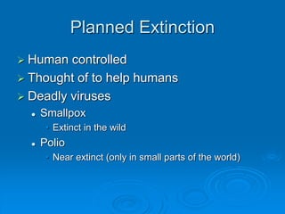 Planned Extinction 
 Human controlled 
 Thought of to help humans 
 Deadly viruses 
 Smallpox 
• Extinct in the wild 
 Polio 
• Near extinct (only in small parts of the world) 
 