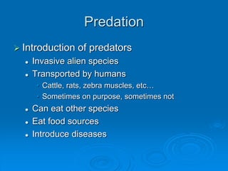 Predation 
 Introduction of predators 
 Invasive alien species 
 Transported by humans 
• Cattle, rats, zebra muscles, etc… 
• Sometimes on purpose, sometimes not 
 Can eat other species 
 Eat food sources 
 Introduce diseases 
 