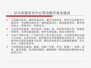 一、以专业建设为中心带动教学基本建设 专业教学改革 ： 课程体系改革、教学内容改革、教学方法和教学手段改革、考试模式的改革；课程建设项目、教改建设项目、教学研究论文、科研项目、科研论文。 专业实训室建设 ：校内实训（实验）室：实训项目的开发、设备的利用率、实训室建设标准；校外实训基地：状况与利用率。  专业产学研合作 ： 产学研合作工作计划与总结、专业指导委员会建立与活动、定单式培养、校外教学实训基地建设及协议书、为社会和企业开展技术服务与培训、聘用企业技术人员做兼职教师、学生实习、共建实训室等 专业师资队伍建设 ：数量、结构（年龄、学历、职称）、双师、培训、教学质量、实训指导教师、兼职教师（聘请的校外教师和企业技术人员） 