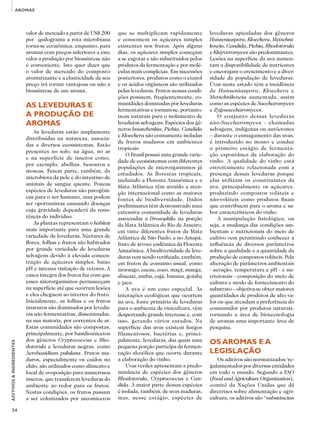 AROMAS 
ADITIVOS & INGREDIENTES 
34 
valor de mercado a partir de US$ 200 
por quilograma a rota microbiana 
torna-se econômica, enquanto, para 
aromas com preços inferiores a este 
valor a produção por biossíntese não 
é conveniente. Isto quer dizer que 
o valor de mercado do composto 
aromatizante e a elasticidade de seu 
preço irá tornar vantajosa ou não a 
biossíntese de um aroma. 
As leveduras e 
a produção de 
aromas 
As leveduras estão amplamente 
distribuídas na natureza, associa-das 
a diversos ecossistemas. Estão 
presentes no solo, na água, no ar 
e na superfície de insetos como, 
por exemplo, abelhas, besouros e 
moscas. Fazem parte, também, da 
microbiota da pele e do intestino de 
animais de sangue quente. Poucas 
espécies de leveduras são patogêni-cas 
para o ser humano, mas podem 
ser oportunistas causando doenças 
cuja gravidade dependerá da resis-tência 
do indivíduo. 
As plantas representam o habitat 
mais importante para uma grande 
variedade de leveduras. Néctares de 
flores, folhas e frutos são habitados 
por grande variedade de leveduras 
selvagens devido à elevada concen-tração 
de açúcares simples, baixo 
pH e intensa visitação de vetores. A 
casca íntegra dos frutos faz com que 
esses microrganismos permaneçam 
na superfície até que ocorram lesões 
e eles cheguem ao interior do fruto. 
Inicialmente, as folhas e os frutos 
imaturos são dominados por levedu-ras 
não fermentativas, disseminadas, 
na sua maioria, por correntes de ar. 
Estas comunidades são compostas, 
principalmente, por basidiomicetos 
dos gêneros Cryptococcus e Rho-dotorula 
e leveduras negras, como 
Aerobasidium pululans. Frutos ma-duros, 
especialmente os caídos no 
chão, são utilizados como alimento e 
local de ovoposição para numerosos 
insetos, que transferem leveduras do 
ambiente ao redor para os frutos. 
Nestas condições, os frutos passam 
a ser colonizados por ascomicetos 
que se multiplicam rapidamente 
e consomem os açúcares simples 
existentes nos frutos. Após alguns 
dias, os açúcares simples começam 
a se esgotar e são substituídos pelos 
produtos da fermentação e por molé-culas 
mais complexas. Em sucessões 
posteriores, produtos como o etanol 
e os ácidos orgânicos são utilizados 
pelas leveduras. Frutos nessas condi-ções 
possuem, freqüentemente, co-munidades 
dominadas por leveduras 
fermentativas e tornam-se, portanto, 
iscas naturais para o isolamento de 
leveduras selvagens. Espécies dos gê-neros 
Issatchenkia, Pichia, Candida 
e Kloeckera são comumente isoladas 
de frutos maduros em ambientes 
tropicais. 
O Brasil possui uma grande varie-dade 
de ecossistemas com diferentes 
populações de microrganismos já 
estudados. As florestas tropicais, 
incluindo a Floresta Amazônica e a 
Mata Atlântica têm atraído a aten-ção 
internacional como as maiores 
fontes de biodiversidade. Dados 
preliminares têm demonstrado uma 
extensiva comunidade de leveduras 
associadas a Drosophila na porção 
da Mata Atlântica do Rio de Janeiro, 
em vinte diferentes frutos da Mata 
Atlântica de São Paulo, e no Amapá, 
fruto de árvore endêmica da Floresta 
Amazônica. A biodiversidade de leve-duras 
vem sendo verificada, também, 
em frutos de consumo usual, como 
morango, cacau, coco, maçã, manga, 
abacaxi, umbu, cajá, banana, goiaba 
e jaca. 
A uva é um caso especial. As 
interações ecológicas que ocorrem 
na uva, fonte primária de leveduras 
para o ambiente de vinicultura, vêm 
despertando grande interesse e, com 
isso, gerando vários estudos. Na 
superfície das uvas existem fungos 
filamentosos, bactérias e, princi-palmente, 
leveduras, das quais uma 
pequena porção participa da fermen-tação 
alcoólica que ocorre durante 
a elaboração do vinho. 
Uvas verdes apresentam a predo-minância 
de espécies dos gêneros 
Rhodotorula, Cryptococcus e Can-dida. 
A maior parte dessas espécies 
é isolada, também, de uvas maduras, 
mas, nesse estágio, espécies de 
leveduras apiculadas dos gêneros 
Hanseniaspora, Kloeckera, Metschni-kowia, 
Candida, Pichia, Rhodotorula 
e Kluyveromyces são predominantes. 
Lesões na superfície da uva aumen-tam 
a disponibilidade de nutrientes 
e encorajam o crescimento e a diver-sidade 
da população de leveduras. 
Uvas neste estado têm a incidência 
de Hanseniaspora, Kloeckera e 
Metschnikowia aumentada, assim 
como as espécies de Saccharomyces 
e Zygosaccharomyces. 
O conjunto dessas leveduras 
não-Saccharomyces - chamadas 
selvagens, indígenas ou autóctones 
– durante o esmagamento das uvas, 
é introduzido no mosto e conduz 
o primeiro estágio de fermenta-ção 
espontânea da elaboração do 
vinho. A qualidade do vinho está 
estreitamente relacionada com a 
presença dessas leveduras porque 
elas utilizam os constituintes da 
uva, principalmente os açúcares, 
produzindo compostos voláteis e 
não-voláteis como produtos finais 
que contribuem para o aroma e sa-bor 
característicos do vinho. 
A manipulação fisiológica, ou 
seja, a mudança das condições am-bientais 
e nutricionais do meio de 
cultivo vem permitindo conhecer a 
influência de diversos parâmetros 
sobre a qualidade e a quantidade da 
produção de compostos voláteis. Pela 
alteração de parâmetros ambientais 
- aeração, temperatura e pH - e nu-tricionais 
- composição do meio de 
cultura e modo de fornecimento do 
substrato – objetiva-se obter maiores 
quantidades de produtos de alto va-lor 
ou que atendam a preferência do 
consumidor por produtos naturais, 
tornando a área de biotecnologia 
de aromas uma importante área de 
pesquisa. 
Os aromas e a 
legislação 
Os aditivos são normatizados/re-gulamentados 
por diversas entidades 
em todo o mundo. Segundo a FAO 
(Food and Agriculture Organization), 
comitê da Nações Unidas que dá 
diretrizes sobre alimentação e agri-cultura, 
os aditivos são “substâncias 
 