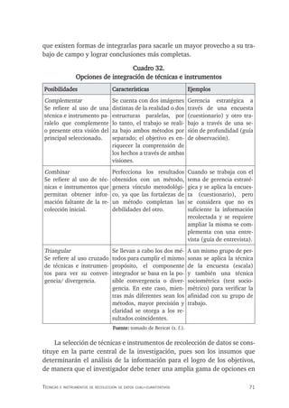 71
Técnicas e insTrumenTos de recolección de daTos cuali-cuanTiTaTivos
que existen formas de integrarlas para sacarle un mayor provecho a su tra-
bajo de campo y lograr conclusiones más completas.
Cuadro 32.
Opciones de integración de técnicas e instrumentos
Posibilidades Características Ejemplos
Complementar
Se refiere al uso de una
técnica e instrumento pa-
ralelo que complemente
o presente otra visión del
principal seleccionado.
Se cuenta con dos imágenes
distintas de la realidad o dos
estructuras paralelas, por
lo tanto, el trabajo se reali-
za bajo ambos métodos por
separado; el objetivo es en-
riquecer la comprensión de
los hechos a través de ambas
visiones.
Gerencia estratégica a
través de una encuesta
(cuestionario) y otro tra-
bajo a través de una se-
sión de profundidad (guía
de observación).
Combinar
Se refiere al uso de téc-
nicas e instrumentos que
permitan obtener infor-
mación faltante de la re-
colección inicial.
Perfecciona los resultados
obtenidos con un método,
genera vínculo metodológi-
co, ya que las fortalezas de
un método completan las
debilidades del otro.
Cuando se trabaja con el
tema de gerencia estraté-
gica y se aplica la encues-
ta (cuestionario), pero
se considera que no es
suficiente la información
recolectada y se requiere
ampliar la misma se com-
plementa con una entre-
vista (guía de entrevista).
Triangular
Se refiere al uso cruzado
de técnicas e instrumen-
tos para ver su conver-
gencia/ divergencia.
Se llevan a cabo los dos mé-
todos para cumplir el mismo
propósito, el componente
integrador se basa en la po-
sible convergencia o diver-
gencia. En este caso, mien-
tras más diferentes sean los
métodos, mayor precisión y
claridad se otorga a los re-
sultados coincidentes.
A un mismo grupo de per-
sonas se aplica la técnica
de la encuesta (escala)
y también una técnica
sociométrica (test socio-
métrico) para verificar la
afinidad con su grupo de
trabajo.
Fuente: tomado de Bericat (s. f.).
La selección de técnicas e instrumentos de recolección de datos se cons-
tituye en la parte central de la investigación, pues son los insumos que
determinarán el análisis de la información para el logro de los objetivos,
de manera que el investigador debe tener una amplia gama de opciones en
 