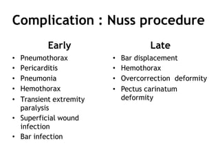 Complication : Nuss procedure
Early
• Pneumothorax
• Pericarditis
• Pneumonia
• Hemothorax
• Transient extremity
paralysis
• Superficial wound
infection
• Bar infection
Late
• Bar displacement
• Hemothorax
• Overcorrection deformity
• Pectus carinatum
deformity
 