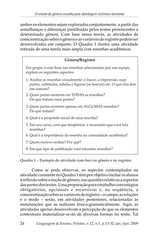 24
O ensino do gênero resenha pela abordagem sistêmico-funcional
Linguagem & Ensino, Pelotas, v.12, n.1, p.13-32, jan./jun. 2009
ambos os elementos sejam explorados conjuntamente, a partir das
semelhanças e diferenças partilhadas pelos textos pertencentes a
determinado gênero. Com base nessa teoria, as atividades de
conscientizaçãosobreogêneroeasvariáveisderegistropodemser
desenvolvidas em conjunto. O Quadro 1 ilustra uma atividade
retirada de uma tarefa mais ampla com resenhas acadêmicas.
Quadro 1 – Exemplo de atividade com foco no gênero e no registro.
Como se pode observar, os aspectos contemplados na
atividade constante no Quadro 1 têm por objetivo incitar os alunos
àreflexãosobreanoçãodegênero,nasquestõesrelativasaaspectos
daspartesdostextos.Umapreparaçãoparaotrabalhocomestágios
obrigatórios, opcionais e recursivos e, na seqüência, a
conscientizaçãosobreasvariáveisderegistro–ocampo,asrelações
e o modo – serão, em atividades posteriores, relacionadas às
metafunções que as realizam léxico-gramaticalmente. Aqui, as
atividades apenas desenvolvem a percepção de que os elementos
contextuais materializar-se-ão de diversas formas no texto. Tal
 