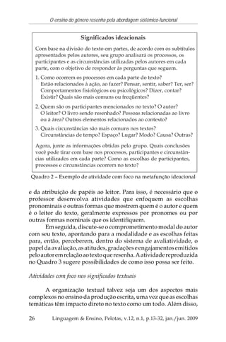 26
O ensino do gênero resenha pela abordagem sistêmico-funcional
Linguagem & Ensino, Pelotas, v.12, n.1, p.13-32, jan./jun. 2009
e da atribuição de papéis ao leitor. Para isso, é necessário que o
professor desenvolva atividades que enfoquem as escolhas
pronominais e outras formas que mostrem quem é o autor e quem
é o leitor do texto, geralmente expressos por pronomes ou por
outras formas nominais que os identifiquem.
Em seguida, discute-se o comprometimento modal do autor
com seu texto, apontando para a modalidade e as escolhas feitas
para, então, perceberem, dentro do sistema de avaliatividade, o
papeldaavaliação,asatitudes,gradaçõeseengajamentosemitidos
peloautoremrelaçãoaotextoqueresenha.Aatividadereproduzida
no Quadro 3 sugere possibilidades de como isso possa ser feito.
Atividades com foco nos significados textuais
A organização textual talvez seja um dos aspectos mais
complexos no ensino da produção escrita, uma vez que as escolhas
temáticas têm impacto direto no texto como um todo. Além disso,
Quadro 2 – Exemplo de atividade com foco na metafunção ideacional
 