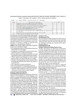 International Reseach Journal,November,2010 ISSN-0975-3486 RNI: RAJBIL 2009/300097 VOL-I *ISSUE 14
90 RESEARCH ANALYSIS AND EVALUATION
theclassroom.Thebeliefsandattitudesoftheteacher
arerealizedinclassroomteaching.Achecklist(table:2)
(reproducedfromIGNOU,2007wasanalyzedbythe
investigatortoidentifyandclassifynine(9)teachers
who participated in this investigation as class room
teachers in inclusive setting as Transmission
‘Teachers’ or ‘Interpretation Teachers’.
Table:2: TheTeacher’sBeliefAboutHowEnglishIs
Learnt and It should Be Taught.
()InLanguagelearningasetofgrammaticalstructures
and words are to be taught.
( ) Language is a meaningful communication and is
learnt by practice in informal situations.
( ) Errors made by Ss in English should be corrected
immediatelyandlaterexplainedthroughexamples.
( ) When students learn English it is best to ignore
them as long as we know that they are saying.
( ) Students learning English need to master of basis
listening and speaking skills before they begin to
read and write.
( ) It is important to repeat and practice .
( ) The most important is learning the grammar.
()LearningEnglishiseasierforchildrenthanadults.
( ) Students begin speaking on their own and not
necessary to teach ‘how to speak English’.
( ) Everyone can learn English.
FindingsandInterpretation-II
Nine(9)Englishteachersfromdifferentschoolstook
initiative to teach English as second language in an
inclusivesetting.TheseteachersweregivenChecklist
showninTableNo.2. Allnine(9)teachers wereasked
toselectfive(5)statementsoutoften.Theinvestigator
wantedtoknowwhataccordingtotheteacherislearning
orteaching ofEnglishasasecondlanguage. Thiswas
anattempttolook,attheteacher’sbeliefsandattitudes
which influenced the way the teacher behaved in the
class room differently. Analysis of the data revealed
that teachers’ style influenced by their attitudes and
beliefs that is, the nature and role of knowledge in the
caseoflanguageteaching,theirviewsofteachingEnglish
asasecondlanguageandalsothenatureoflearningand
teaching to VISs.
SeeStatements.Tree
The investigation further opined from other sources
of investigation associated to this present study that
“these two basic types are not exact opposites, but
are tendencies towards one extreme or the other”
(Douglas Barnes).
SUB-STRATEGY-III
Teachers’Interest in Doing Task in Class
Another sub-strategy was taken into consideration
to verify whether the teacher had keen interest in
doing the tasks/exercises/activities in class for the
VISslearninglanguage,howwellthetasks/exercises/
activitiestheteachersetupmeasureduptothecriteria
the teacher had in his mind. A set of criteria was
enlisted [Table:3] and observed and recorded the
teacher’s view as the class had been in progress.The
checklistwasdistributedattheendof20minutesand
the end of the class of 45 minutes with an aim to
modify the aspects of the learning task.
The teacher enlisted a set of criteria as suggested
below and recorded the views as the Inclusive Class
Room (ICR) teaching progressed .
CollectedData--(i)No.ofVISswhoattendedselected
three (3) tasks/activities. = 13 (ii) No. of selected
activities or task = 3 (iii) No. of items of criteria
= 8 (iv) No. of options for recording observation =
2[Attheendof20minutes(E20)andattheendofthe
class (EC) against two choices Y for yes as (+)ve
and
NforNo.as(-)ve
]=No.ofyes(Y)andNo.(N)caseeach
for E20 or EC = (13x3x8)=312 Thus viewed, total
number of expected responses (13x8x2x3)=624 In
respect of individual criterion where there had been
difficulty to visualize or ascertaining to recording
under category of ‘yes’ or ‘no’ or the observer failed
incategorizingintermsofYorN–allsuchcaseswere
taken as the cases ‘N’ category.
In order to test the significance of observed changes
by the McNemar Test, fourfold table of frequencies
to represent the first and second sets of responses
from the same individuals was used.
 