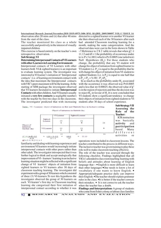 International Reseach Journal,November,2010 ISSN-0975-3486 RNI: RAJBIL 2009/300097 VOL-I *ISSUE 14
92 RESEARCH ANALYSIS AND EVALUATION
observation after 20 mins and (ii) that after 40 mins
from the start of the class.
The teacher monitored his class as a whole
successfullyandpositivelyintheinterestofvisually
impairedchildren.
This exercise is based entirely on the teacher’s own
retrospective observation.
SubStrategyVI
DeterminingInterpersonalContactsofVILearners
withotherLearnersinLearningEnvironment:
Interpersonal contacts of VI Learners with other
learners both VI & sighted learners) is an important
to evaluate learning system. The investigator was
interested inVI learner’s initiation of ‘Interpersonal
contacts’ (i.e.oflearningenvironmentcontact)with
the idea that maximum the Interpersonal contacts
withVIC’speersmaximumwill bethelearning.Atthe
starting of SIM package the investigator observed
that VI learners hesitated to initiate Interpersonal
Contactswithotherchildren.And VIlearnersusually
initiated a very few contacts (a negligible number)
with the teacher by first two days in the classroom.
The investigator predicted that with increasing
directed to a sighted learner or to another VI-learner
she then observed each of the 30 learners after each
had attended Classroom teaching learning for a
month, making the same categorization. And the
observed data were cast in the form shown in Table
–7.Reference to 2 X 2 table reveals that when χ2 ≥
11.13 and df = 1 the probability of occurrence under
to is P<½(.001)whichisP<0.0005(onetailedtest)
Null Hypotheses (HO
): For those students who
change, the probability that any VI student will
changehisobjectofinitiationfromsightedlearnerto
VI student (i.e. PA
) is equal to the probability that he
willchangehisobjectofinitiationfromVI studentto
sighted Students (i.e. is PD
) is equal to one half that
is PA
= PD
= ½ H1 : PA
>PD
In as much as the probability under HO
associated
with the occurrence it was observed was P<0.0005
and is less that α= 0.00025, the observed value of χ2
isintheregionofrejectionandthusthedecisionwas
to reject HO
in favour of H1
.It is now concluded that
VI students show a significant tendency to change
theirobjectsofinitiationfromsightedstudentstoVI
students after 30 days of school experience.
SubStrategyVII
Assessing the
Role of the
Teacher:
ICRinstruction
was basically
activity and
participation
based. Many
d i f f e r e n t
activities or
familiarityanddealingwithlearningexperiencesand
environmentVIlearnerswould increasinglyinitiate
interpersonal contacts with other peers rather than
other adult. The investigator introspected that it was
further logical to think and accept analogically that
improvementofVI–learners’learninginaninclusive
learningsituationmightbereflectedwithasignificant
change of VI learners’ objects of initiation from
sighted learners to VI learners after 30 days of
classroom teaching learning. The investigator did
experimentwithagroupof30learnerswhichconsisted
of three (3) VI-learners.To test this hypothesis the
investigator observed the group of 30 learners on
each VI-learner’s first day in Classroom teaching
learning she categorized their first initiation of
interpersonal contact according to whether it was
operations were included in classroom lessons. The
teacher contributed to the process in different ways.
Theinclusiveteacherwasgiventrainingtoplaythese
role well to make classroom teaching effective.
The role of the teacher was assessed through the
following checklist. Findings highlighted that all
VICn’sattendedtoclassroomteaching-learningwith
beliefs and attitudes about learning of English
language that – • English is more difficult to learn
than other languages •One needs to know a lot of
vocabulary if one wants to know English. •
Appropriate/adequate practice daily can improve
their English. •The teacher should explain grammar
rules in the class. •It is better if the teacher corrects
their mistakes. • It is not correct to ask the teacher
when the teacher has a doubt.
Findings and Interpretations A group of students
whocomefromfishercolonyorlabourclassfamilies
 