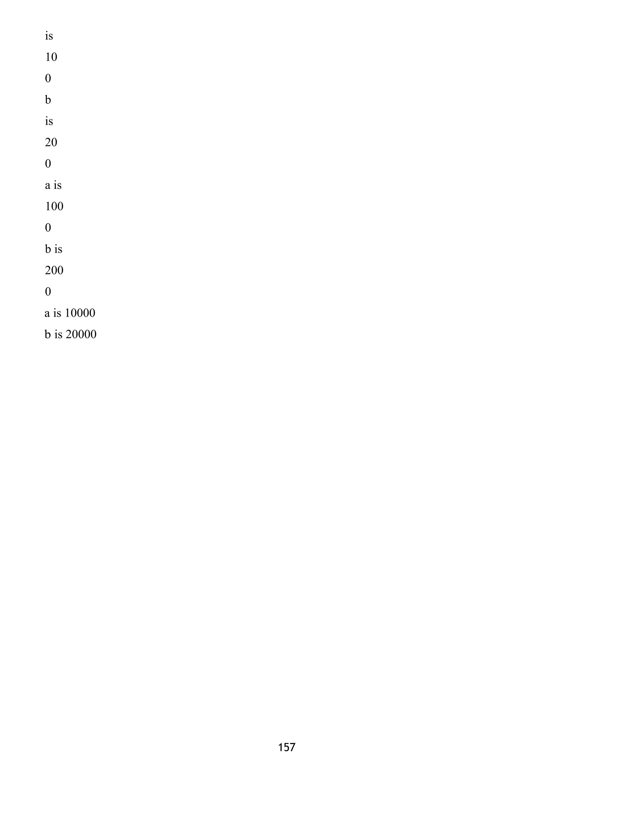 is 
10 
0 
b 
is 
20 
0 
a is 
100 
0 
b is 
200 
0 
a is 10000 
b is 20000 
157 
 