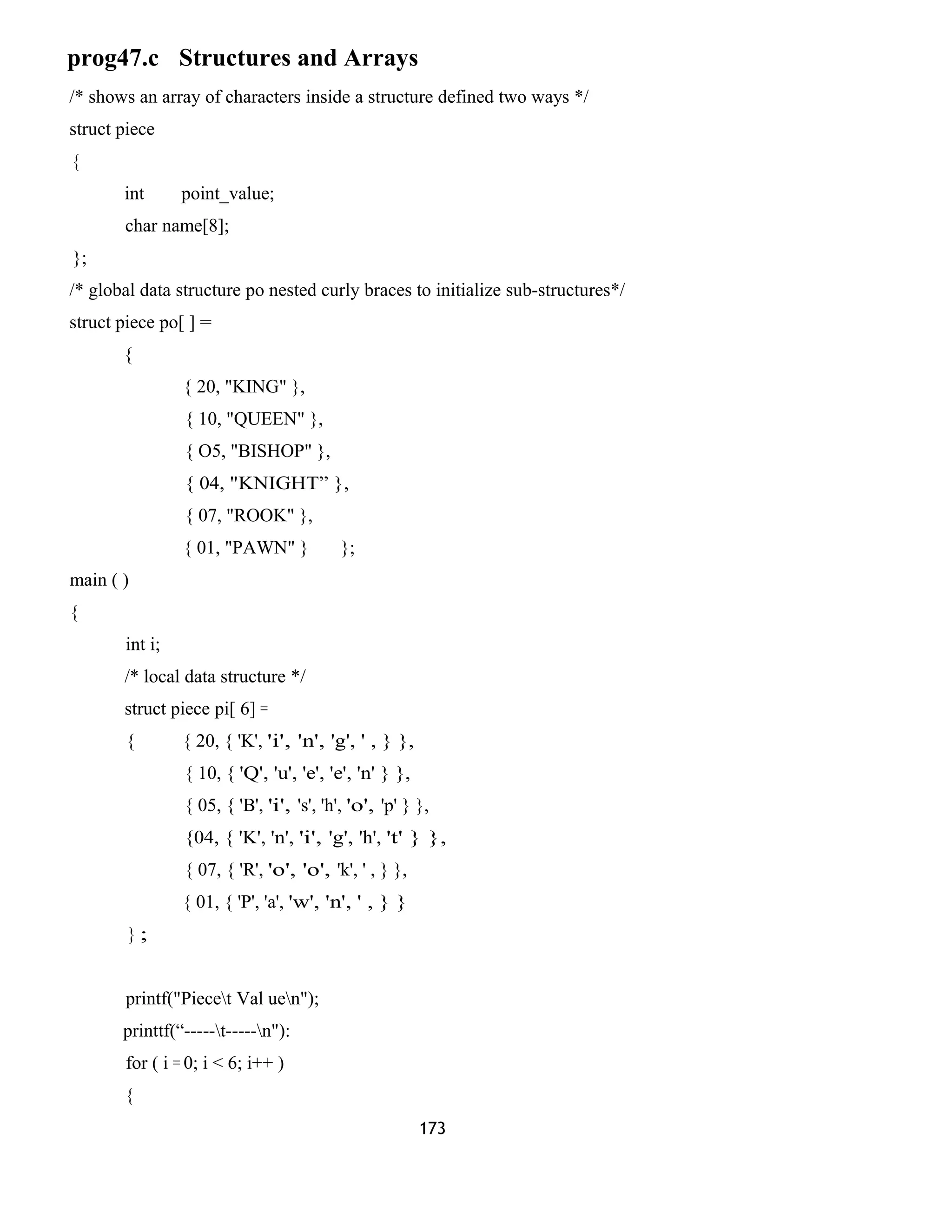 prog47.c Structures and Arrays 
/* shows an array of characters inside a structure defined two ways */ 
struct piece 
{ 
int point_value; 
char name[8]; 
}; 
/* global data structure po nested curly braces to initialize sub-structures*/ 
struct piece po[ ] = 
{ 
{ 20, "KING" }, 
{ 10, "QUEEN" }, 
{ O5, "BISHOP" }, 
{ 04, "KNIGHT” }, 
{ 07, "ROOK" }, 
{ 01, "PAWN" } }; 
main ( ) 
{ 
int i; 
/* local data structure */ 
struct piece pi[ 6] = 
{ { 20, { 'K', 'i', 'n', 'g', ' , } }, 
{ 10, { 'Q', 'u', 'e', 'e', 'n' } }, 
{ 05, { 'B', 'i', 's', 'h', 'o', 'p' } }, 
{04, { 'K', 'n', 'i', 'g', 'h', 't' } }, 
{ 07, { 'R', 'o', 'o', 'k', ' , } }, 
{ 01, { 'P', 'a', 'w', 'n', ' , } } 
} ; 
printf("Piecet Val uen"); 
printtf(“-----t-----n"): 
for ( i = 0; i < 6; i++ ) 
{ 
173 
 