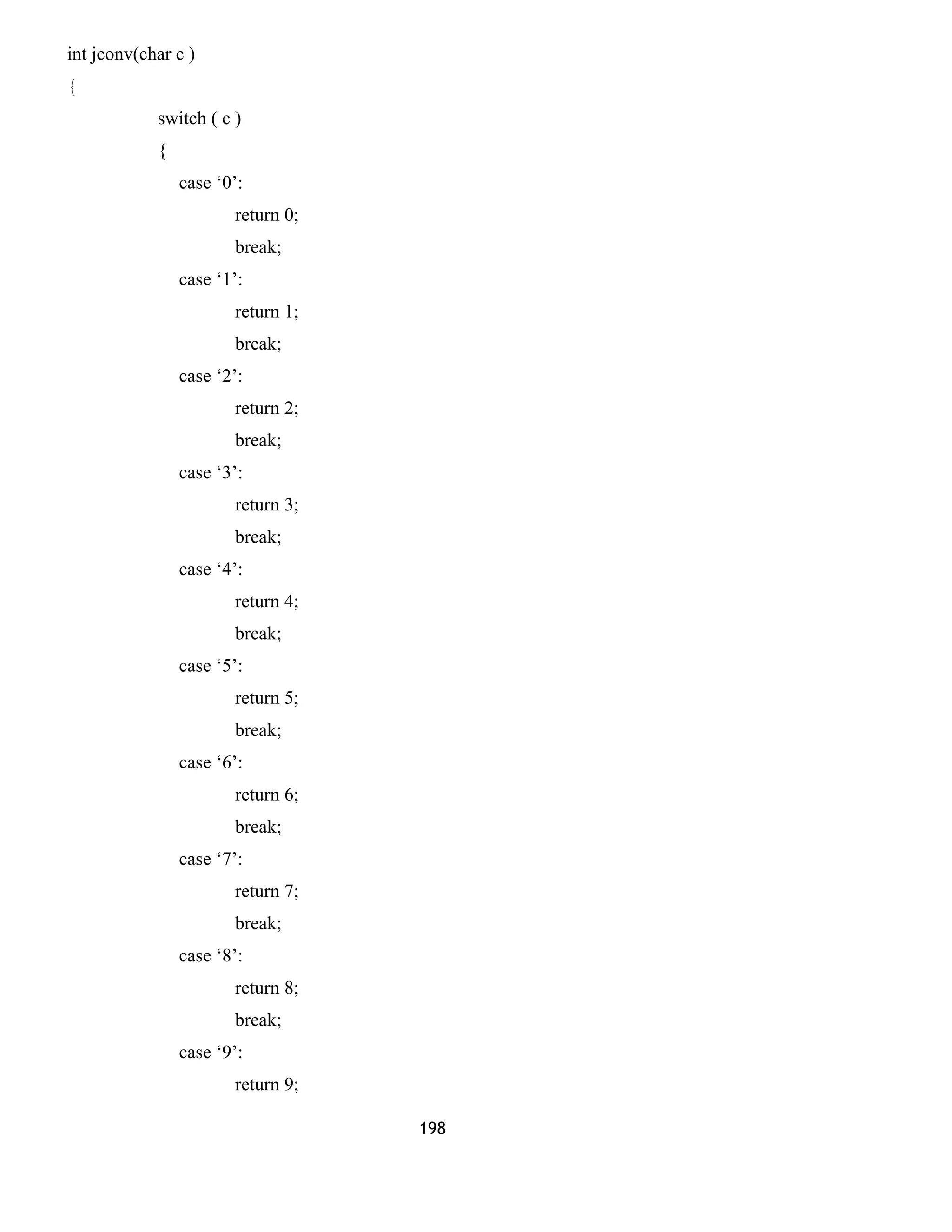 int jconv(char c ) 
{ 
switch ( c ) 
{ 
case ‘0’: 
return 0; 
break; 
case ‘1’: 
return 1; 
break; 
case ‘2’: 
return 2; 
break; 
case ‘3’: 
return 3; 
break; 
case ‘4’: 
return 4; 
break; 
case ‘5’: 
return 5; 
break; 
case ‘6’: 
return 6; 
break; 
case ‘7’: 
return 7; 
break; 
case ‘8’: 
return 8; 
break; 
case ‘9’: 
return 9; 
198 
 