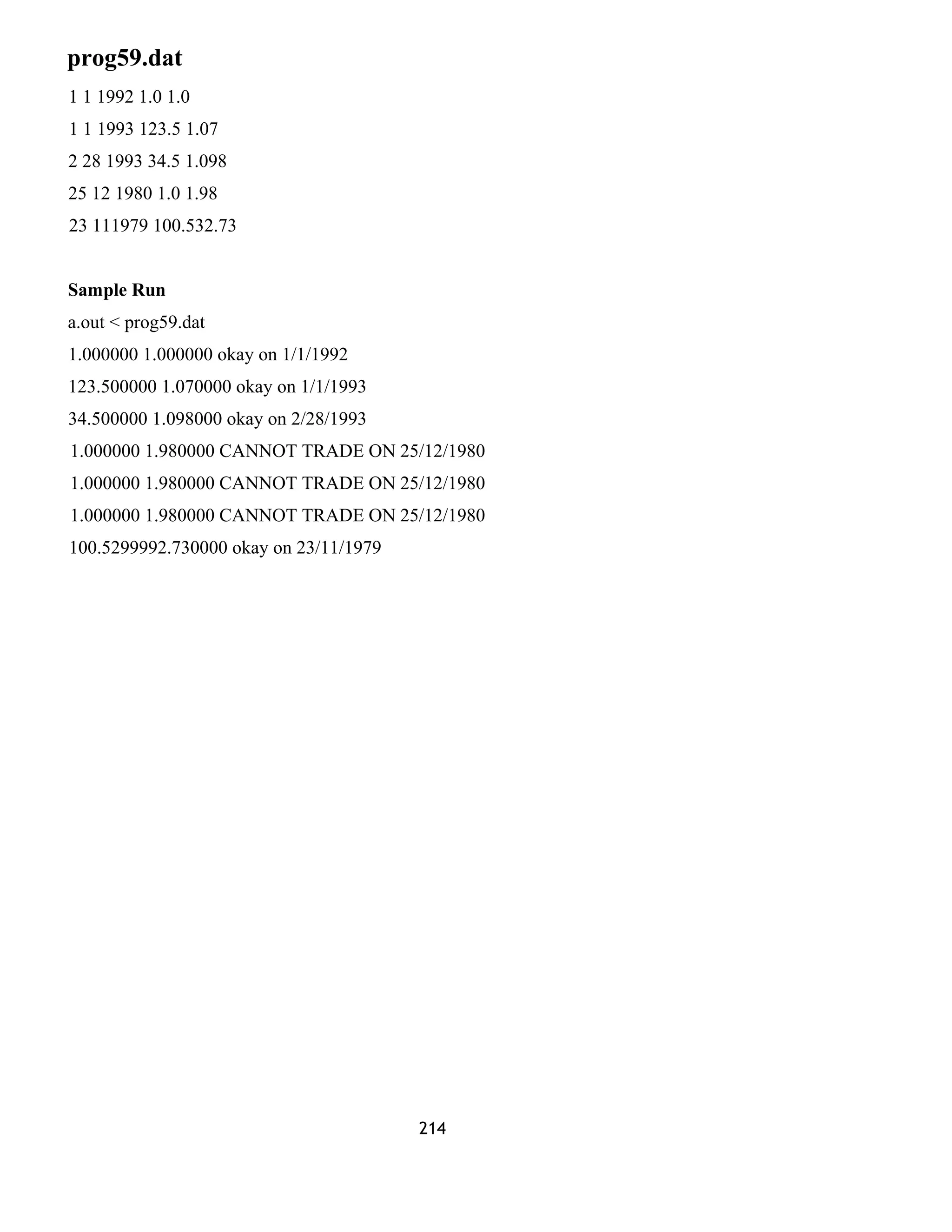 prog59.dat 
1 1 1992 1.0 1.0 
1 1 1993 123.5 1.07 
2 28 1993 34.5 1.098 
25 12 1980 1.0 1.98 
23 111979 100.532.73 
Sample Run 
a.out < prog59.dat 
1.000000 1.000000 okay on 1/1/1992 
123.500000 1.070000 okay on 1/1/1993 
34.500000 1.098000 okay on 2/28/1993 
1.000000 1.980000 CANNOT TRADE ON 25/12/1980 
1.000000 1.980000 CANNOT TRADE ON 25/12/1980 
1.000000 1.980000 CANNOT TRADE ON 25/12/1980 
100.5299992.730000 okay on 23/11/1979 
214 
 