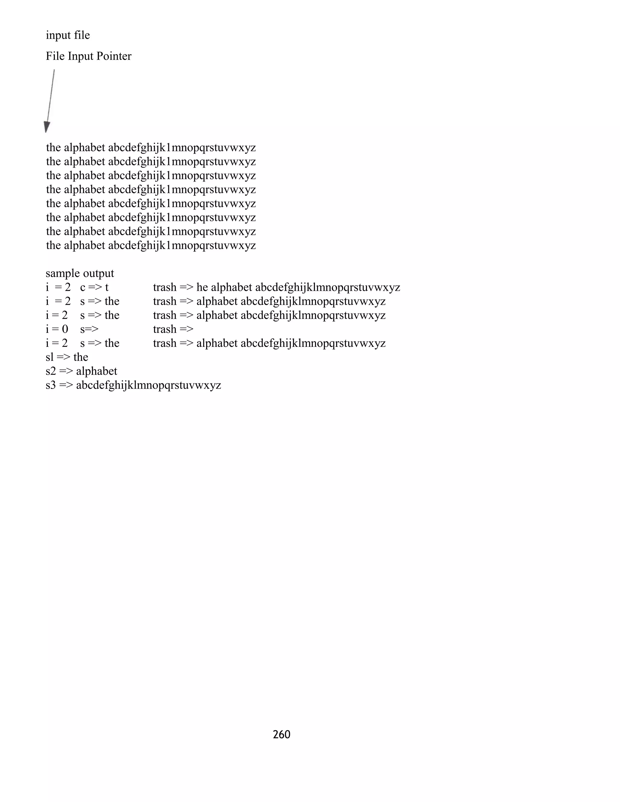 input file 
File Input Pointer 
the alphabet abcdefghijk1mnopqrstuvwxyz 
the alphabet abcdefghijk1mnopqrstuvwxyz 
the alphabet abcdefghijk1mnopqrstuvwxyz 
the alphabet abcdefghijk1mnopqrstuvwxyz 
the alphabet abcdefghijk1mnopqrstuvwxyz 
the alphabet abcdefghijk1mnopqrstuvwxyz 
the alphabet abcdefghijk1mnopqrstuvwxyz 
the alphabet abcdefghijk1mnopqrstuvwxyz 
sample output 
i = 2 c => t trash => he alphabet abcdefghijklmnopqrstuvwxyz 
i = 2 s => the trash => alphabet abcdefghijklmnopqrstuvwxyz 
i = 2 s => the trash => alphabet abcdefghijklmnopqrstuvwxyz 
i = 0 s=> trash => 
i = 2 s => the trash => alphabet abcdefghijklmnopqrstuvwxyz 
sl => the 
s2 => alphabet 
s3 => abcdefghijklmnopqrstuvwxyz 
260 
 