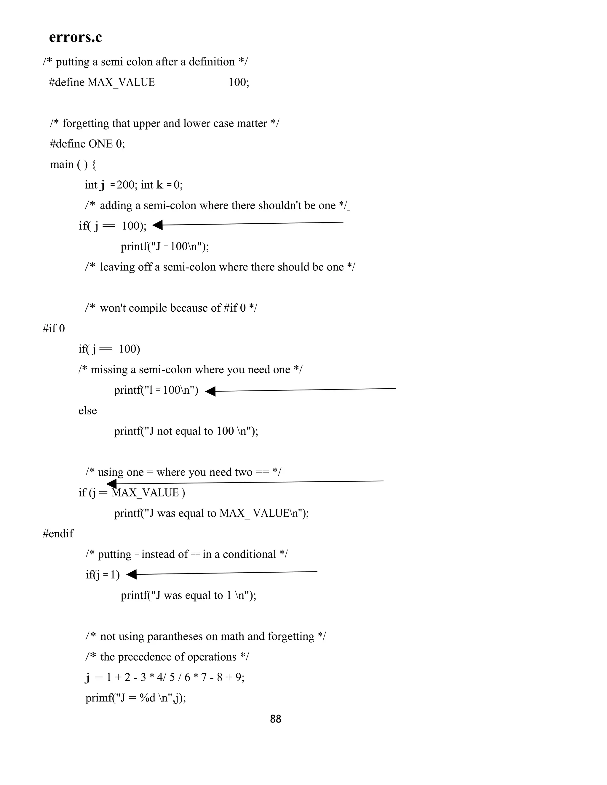errors.c 
/* putting a semi colon after a definition */ 
#define MAX_VALUE 100; 
/* forgetting that upper and lower case matter */ 
#define ONE 0; 
main ( ) { 
int j = 200; int k = 0; 
/* adding a semi-colon where there shouldn't be one */ 
if( j = 100); 
printf("J = 100n"); 
/* leaving off a semi-colon where there should be one */ 
/* won't compile because of #if 0 */ 
#if 0 
if( j = 100) 
/* missing a semi-colon where you need one */ 
printf("l = 100n") 
else 
printf("J not equal to 100 n"); 
/* using one = where you need two == */ 
if (j = MAX_VALUE ) 
printf("J was equal to MAX_ VALUEn"); 
#endif 
/* putting = instead of == in a conditional */ 
if(j = 1) 
printf("J was equal to 1 n"); 
/* not using parantheses on math and forgetting */ 
/* the precedence of operations */ 
j = 1 + 2 - 3 * 4/ 5 / 6 * 7 - 8 + 9; 
primf("J = %d n",j); 
88 
 
