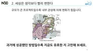 2. 세상은 생각보다 빨리 변한다
과거에 성공했던 방법일수록 지금도 유효한 지 고민해 보세요.
규모가 큰 프로젝트일수록 내부 관성에 의해 변화가 힘듭니다.
26
 