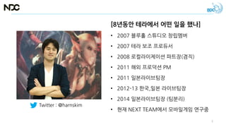 [8년동안 테라에서 어떤 일을 했나]
• 2007 블루홀 스튜디오 창립멤버
• 2007 테라 보조 프로듀서
• 2008 로컬라이제이션 파트장(겸직)
• 2011 해외 프로덕션 PM
• 2011 일본라이브팀장
• 2012-13 한국,일본 라이브팀장
• 2014 일본라이브팀장 (팀분리)
• 현재 NEXT TEAM에서 모바일게임 연구중
Twitter : @harnskim
3
 