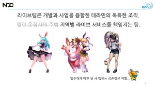 엘린에게 예쁜 옷 사 입히는 삼촌같은 역할...
라이브팀은 개발과 사업을 융합한 테라만의 독특한 조직.
엘린 옷장사의 주범 지역별 라이브 서비스를 책임지는 팀.
4
 