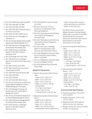 avaya.com




•	 RFC 2233 Interfaces Group MIB using SMIv2    •	 RFC 3810 Multicast Listener Discovery          to-back cooling and the maximum
•	 RFC 2452 IPv6 MIB: TCP MIB                     v2 for IPv6                                     airflow specification for the 8010co

•	 RFC 2454 IPv6 MIB: UDP MIB                   •	 RFC 3811 Definitions of Textual                Chassis is 330 linear ft/min

•	 RFC 2465 IPv6 MIB: IPv6 General group          Conventions for Multiprotocol Label
                                                                                                The 8010co Chassis complies with
  and textual conventions                         Switching Management
                                                                                                Network Equipment Building Standard
•	 RFC 2466 IPv6 MIB: ICMPv6 Group              •	 RFC 3812 Multiprotocol Label Switching
                                                                                                (NEBS) Level 3 as specified in SR3580.
                                                  Traffic Engineering Management
•	 RFC 2578 Structure of Management                                                             Typically the 8010co has superior
                                                  Information Base
  Information v2                                                                                physical and environment specifications;
                                                •	 RFC 3813 Multiprotocol Label Switching       please reference to the product
•	 RFC 2613 Remote Network Monitoring MIB
                                                  Label Switching Router Management             documentation for full details
  Extensions for Switched Networks v1.0
                                                  Information Base
•	 RFC 2665 Definitions of Managed Objects
                                                •	 RFC 3815 Definitions of Managed            •	 Ethernet Routing Switch 8006 Chassis –
  for the Ethernet-like Interface Types
                                                  Objects for the Multiprotocol Label           10RU
•	 RFC 2668 Definitions of Managed                                                              – Height: 15.8 in. (40.1 cm)
                                                  Switching, Label Distribution Protocol
  Objects for IEEE 802.3 Medium                                                                 – Width: 17.5 in. (44.5 cm)
                                                •	 RFC 4022 Management Information Base
  Attachment Units                                                                              – Depth: 19.9 in. (50.5 cm)
                                                  for the Transmission Control Protocol
•	 RFC 2674 Bridges with Traffic MIB                                                            – Weight: up to 170 lb (77 kg)
                                                  4087 IP Tunnel MIB
•	 RFC 2787 Definitions of Managed                                                              – Cooling System:
                                                •	 RFC 4113 Management Information Base
  Objects for the Virtual Router Redundancy                                                       ◊ – Fan Trays: 1 per Chassis
                                                  for the User Datagram Protocol
  Protocol                                                                                        ◊ – Fans: 20 per Fan Tray
                                                •	 RFC 4624 Multicast Source Discovery
•	 RFC 2863 Interface Group MIB                                                                   ◊ – Thermal Sensors: 1 per Fan Tray
                                                  Protocol MIB
•	 RFC 2925 Remote Ping, Traceroute &
                                                                                              •	 Ethernet Routing Switch 8003R
  Lookup Operations MIB                         Weights & Dimensions
                                                                                                Chassis – 7 RU
•	 RFC 2932 IPv4 Multicast Routing MIB          •	 Ethernet Routing Switch 8010 Chassis –       – Height: 12.25 in. (31.1 cm)
•	 RFC 2933 IGMP MIB                              14RU                                          – Width: 17.5 in. (44.5 cm)
•	 RFC 2934 PIM MIB                               – Height: 22.9 in. (58.2 cm)                  – Depth: 21.0 in. (53.5 cm)
•	 RFC 3019 IPv6 MIB: MLD Protocol                – Width: 17.5 in. (44.5 cm)                   – Weight: up to 76 lb (34.5 kg)
                                                  – Depth: 19.9 in. (50.5 cm)                   – Cooling System:
•	 RFC 3411 An Architecture for Describing
                                                  – Weight: up to 225 lb (102 kg)                 ◊ Fan Trays: 1 per Chassis
  Simple Network Management Protocol
                                                  – Cooling System:                               ◊ Fans: 3 per Fan Tray
  (SNMP) Management Frameworks
                                                    ◊ Fan Trays: 2 per Chassis
•	 RFC 3412 Message Processing and
                                                    ◊ Fans: 15 per Fan Tray                   Environmental Specifications
  Dispatching for the Simple Network
                                                    ◊ Thermal Sensors: 1 per Fan Tray
  Management Protocol                                                                         •	 Operating temperature: 0°C to 40°C
•	 RFC 3416 v2 of the Protocol Operations for                                                   (32°F to 104°F)
                                                •	 Ethernet Routing Switch 8010co Chassis –
  the Simple Network Management Protocol          20RU                                        •	 Storage temperature: -25°C to 70°C
•	 RFC 3635 Definitions of Managed Objects        – Height: 35.9 in. (88.9 cm)                  (-13°F to 158°F)
  for the Ethernet-like Interface Types           – Width: 17.5 in. (44.5 cm)                 •	 Operating humidity: 85% maximum
•	 RFC 3636 Definitions of Managed                – Depth: 23.7 in. (60.2 cm)                   relative humidity, non-condensing
  Objects for IEEE 802.3 Medium                   – Weight: up to 315 lb (143 kg)             •	 Storage humidity: 95% maximum relative
  Attachment Units                                – Cooling System: 8010co features front-      humidity, non-condensing



                                                                                                                                         11
 