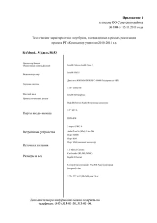 Приложение 1
к письму ОО Советского района
№ 880 от 15.11.2011 года
Технические характеристики ноутбуков, поставленных в рамках реализации
проекта РТ «Компьютер учителю»2010-2011 г.г.
RAYbook. Модель Pi153
ПроцессорЧипсет
Оперативная память Дисплей
Видеоконтроллер
Звуковая система
Жесткий диск
Приводоптических дисков
Порты ввода-вывода
Встроенные устройства
Источник питания
Размеры и вес
Intel®CeleronIntel®Core i3
Intel®HM55
Два слота SODIMM DDR3 PC-10600 Поддержка до 8 ГБ
15,6" 1366x768
Intel®HD Graphics
High DefinitionAudio Встроенные динамики
2.5" SATA
DVD±RW
3 порта USB 2.0
Audio Line In (Mic) / Line Out
Порт HDMI
Порт RJ45
Порт VGA (внешний монитор)
1.3 Mpixel Camera
Cardreader (SD, MS, MMC)
Gigabit Ethernet
Сетевой блок питания 110-220В Аккумуляторная
батарея Li-Ion
375 x 257 x 42(ШхГхВ),мм 2,6кг
Дополнительную информацию можно получить по
телефонам: (843) 513-01-50, 513-01-60.
 